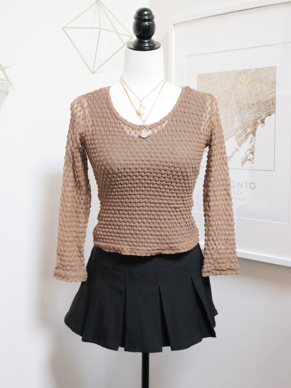 Vintage 90s Olive Green Lace Top, 3/4 Sleeve Thin Sweater, Sheer See Through
